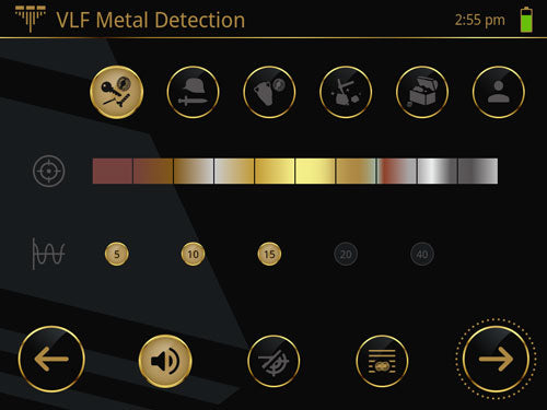 Screenshot of eXp 7000 VLF Metal Detection settings screen
